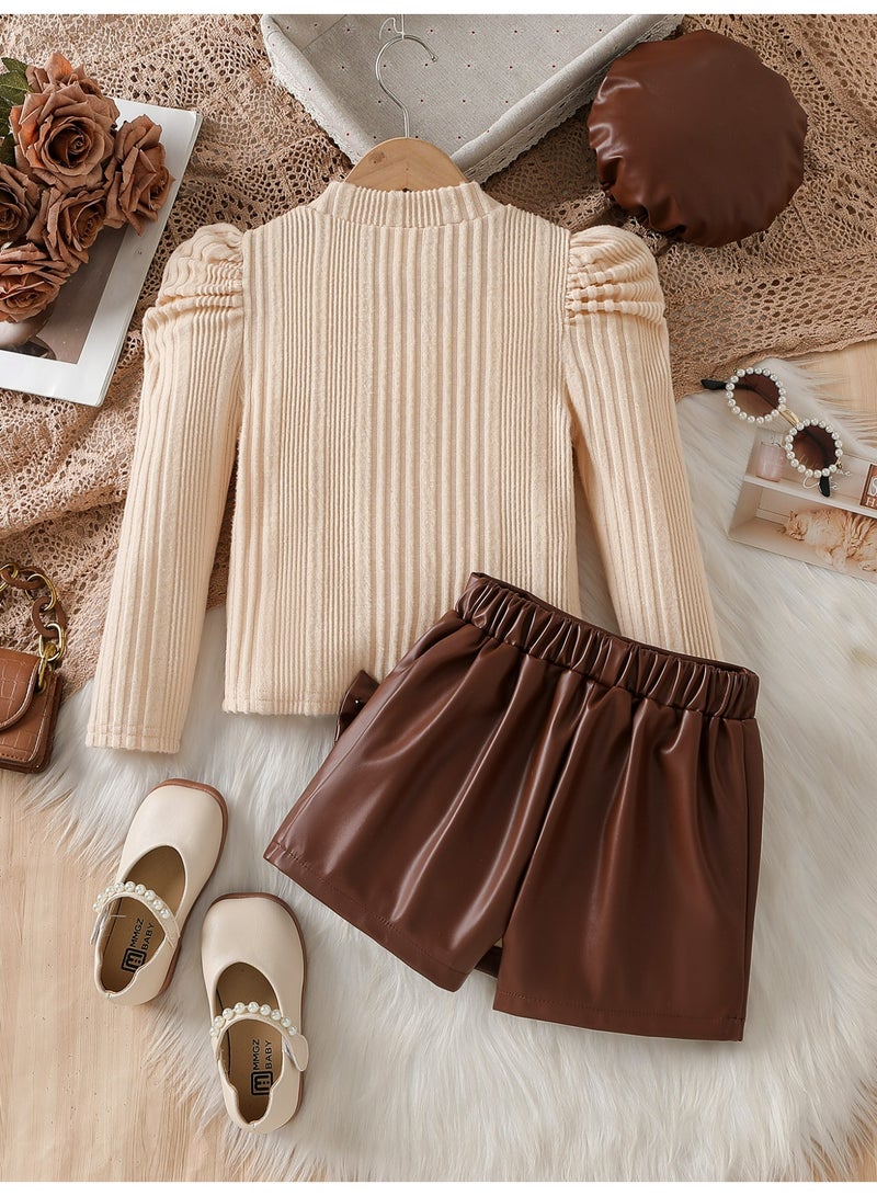 Smarties AE Girls Boutique Outfit Set, Beige Ribbed Knit Sweater with Puff Sleeves and Brown Faux Leather Skirt with Pearl Bow Detail, 3 Piece Long Sleeve Set - Image 3